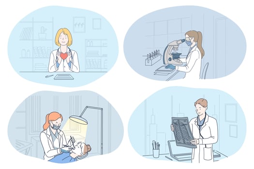 X-ray in medicine, dentistry, laboratory, surgery concept. People doctors holding x-ray image of spine, making shot of teeth, working in lab and holding heart as symbol of health in medical clinic vector