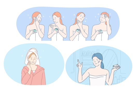 Beauty, cosmetics, make up, skincare, wellness concept. Young smiling women cartoon characters using face cream, lotion, peeling, facial mask and moisturiser for everyday use. Dermatology, cosmetology vector