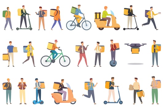 Parcel backpack icons set cartoon vector. Delivery food vector
