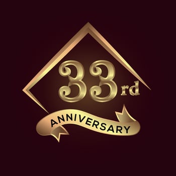 33 year anniversary celebration. Anniversary logo with square and elegance golden colour isolated on red background, vector design for celebration, invitation card, and greeting card