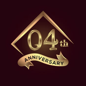 04 year anniversary celebration. Anniversary logo with square and elegance golden colour isolated on red background, vector design for celebration, invitation card, and greeting card