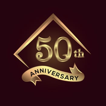 50 year anniversary celebration. Anniversary logo with square and elegance golden colour isolated on red background, vector design for celebration, invitation card, and greeting card