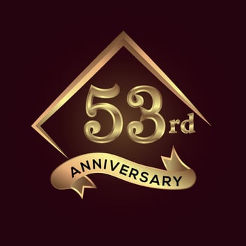 53 year anniversary celebration. Anniversary logo with square and elegance golden colour isolated on red background, vector design for celebration, invitation card, and greeting card