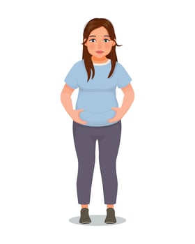 Overweight young woman touching her fat belly hoping to lose weight vector