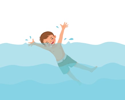 Cute little boy drowning in the swimming pool waving hands calling for help vector