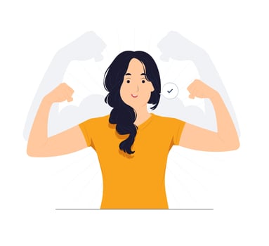 Strong powerful woman raises arms and shows biceps, has piercing in ear, Look at my muscles inner strength concept illustration vector