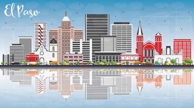 El Paso Skyline with Gray Buildings, Blue Sky and Reflections. vector