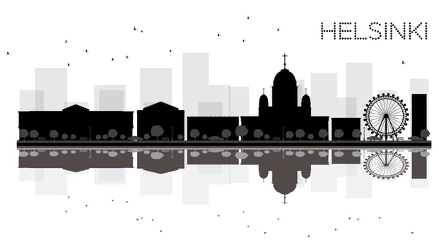 Helsinki City skyline black and white silhouette with reflections. vector