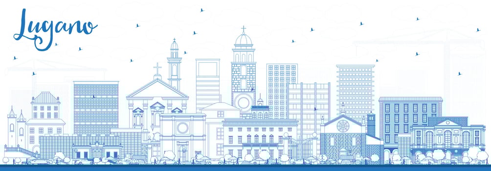 Outline Lugano Switzerland Skyline with Blue Buildings. vector