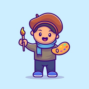 Male Artist Painter Cartoon Vector Icon Illustration. People Profession Icon Concept Isolated Premium Vector. Flat Cartoon Style