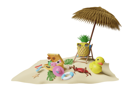beach chair with umbrella, palm tree, lifebuoy, seaside, pineapple, sunglasses, suitcase, duck, crab isolated. summer travel concept, 3d illustration or 3d render png