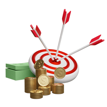 White red target with darts or arrow, pile dollar banknote, money coins isolated. business goal concept, 3d illustration or 3d render png