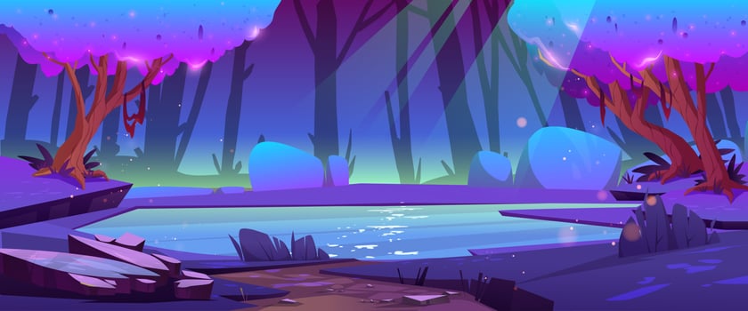 Night forest landscape with secret pond and trees vector