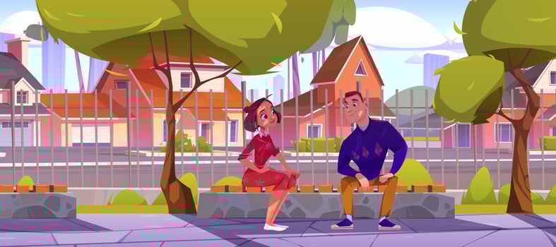Couple sitting on bench at countryside view, love vector
