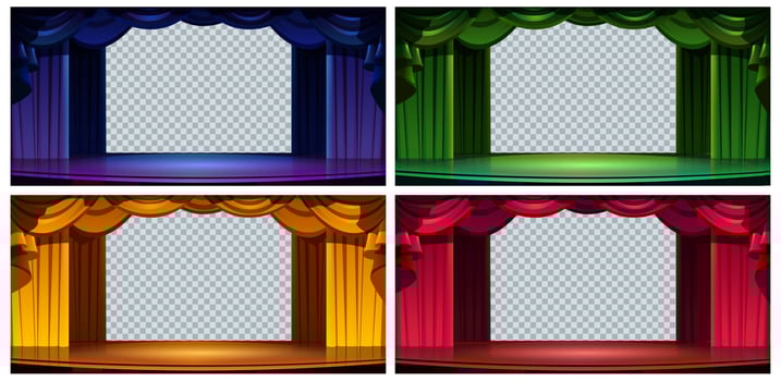 Stage curtains isolated set, empty textile frames vector