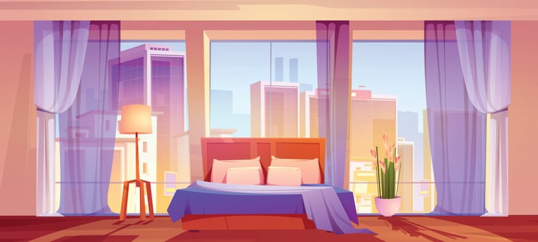 Bedroom with city view, home or hotel interior vector