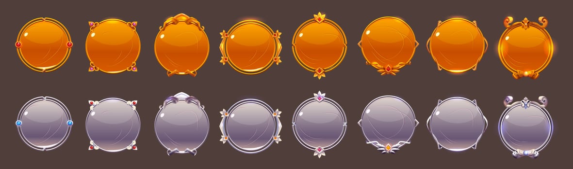Silver game buttons, golden achievement badges vector