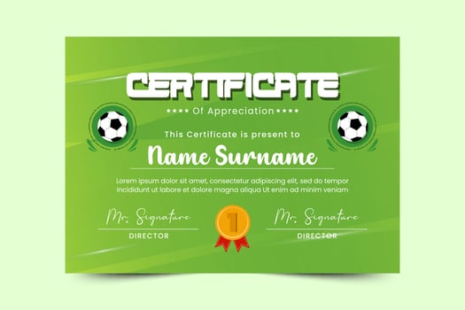 Football tournament, sport event certificate design template. Field and ball feel design with a cool look vector