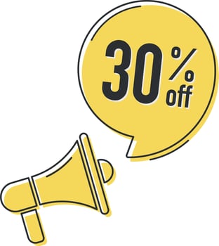 30 percent off. Megaphone and colorful yellow speech bubble with quote. Blog management, blogging and writing for website. Concept poster for social networks, advertising, banner vector