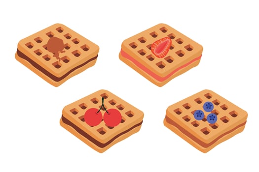Waffle icon with various fillings. Vector illustration of waffles, pastries for breakfast, sweet snack.