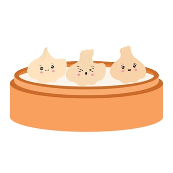 Cute cartoon traditional Chinese dumplings, with funny smiling faces in a bamboo steamer. Vector illustration of Asian cuisine in the style of Kawaii