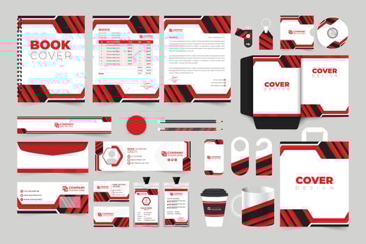Corporate brand identity template design with abstract shapes. Business brand promotional layout vector with dark and red colors. Business and office stationery template bundle for marketing.
