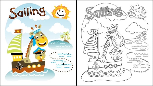 Vector cartoon of funny giraffe with bear in sailor cap on sailboat, sailing elements illustration, coloring book or page