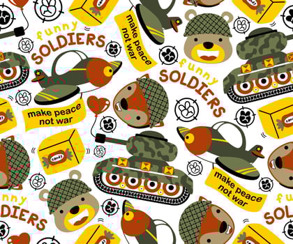 seamless pattern of animal soldier, armored vehicles, military element cartoon vector