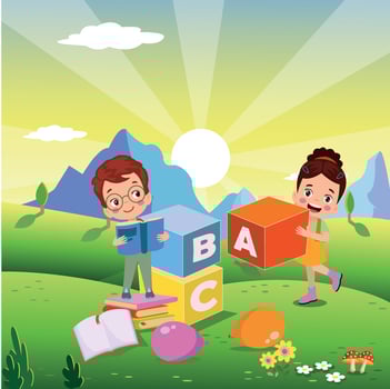 Vector illustration of cute kids with Abc blocks, abc letters