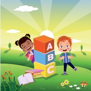 Vector illustration of cute kids with Abc blocks, abc letters
