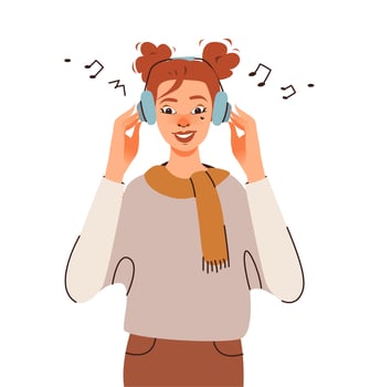 A young woman with headphones listening to music. Flat vector illustration isolated on a white background.