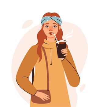 Woman holding a cup with hot drink in a hand. The woman drinks through a straw. Flat vector illustration
