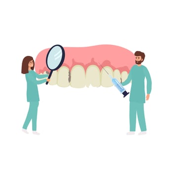 Dental clinic and healthcare concept. Woman and man dentists cartoon characters standing examining state of huge human tooth together vector illustration