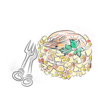 Festive Olivier salad, decorated with herbs and shrimps. Vector watercolor