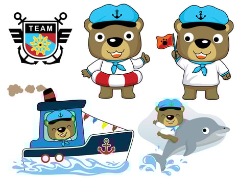 Vector illustration set of cute bear cartoon in sailor costume with dolphin, sailing elements cartoon