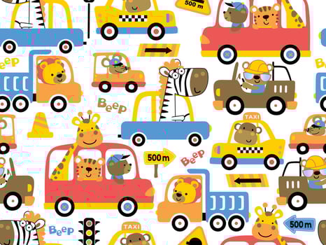 seamless pattern vector of vehicles cartoon with funny animals driver
