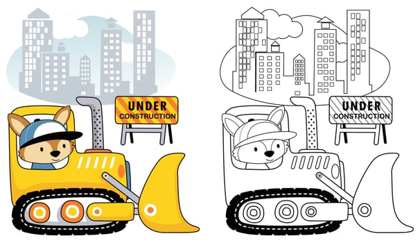 Vector cartoon of fox driving bulldozer on buildings background, coloring book or page