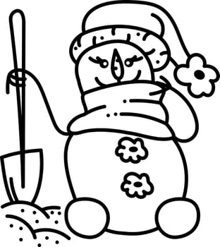 Snowman doodle4. Cute snowman in a hat and with a shovel. Cartoon white and black vector illustration.