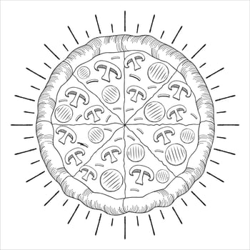 Pizza With Ham and Mushrooms - Outline Illustration vector