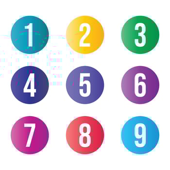 Set of bullet points numbers from one to nine in gradient shapes vector