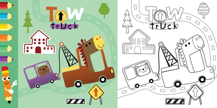 funny animals cartoon on car, traffic elements illustration, coloring book or page vector