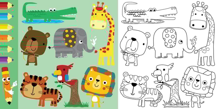 Vector set of animals cartoon, coloring book or page