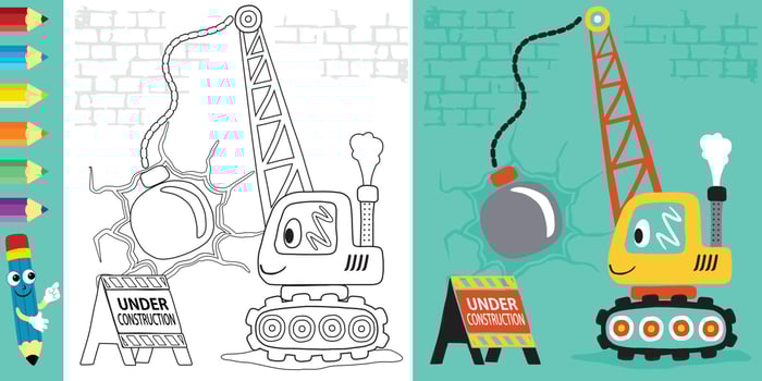 wrecking ball crane cartoon, coloring book or page vector