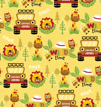 Seamless pattern vector of safari elements cartoon with funny animals and car