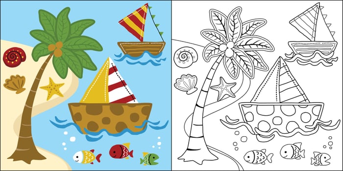 vector cartoon of hand drawn sailboat in the beach, beach elements illustration, coloring book or page