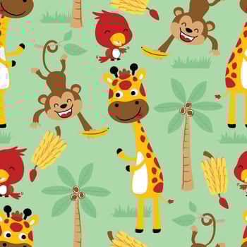 Seamless pattern vector of funny animals cartoon, forest elements illustration
