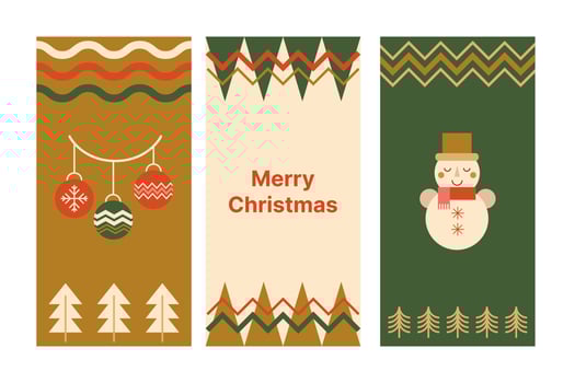 Geometric Christmas poster set made from simple geometric symbols of mosaic Christmas ball, Snowman, Christmas tree, zig zag ornament. Red, green and gold geometric background. Vector illustration