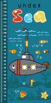 height measurement wall of hand drawn smiling submarine cartoon with marine animals vector