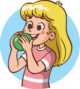 Vector illustration cartoon of a little girl eating green apple and showing thumb up sign.