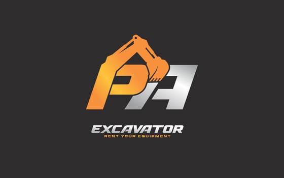 PA logo excavator for construction company. Heavy equipment template vector illustration for your brand.